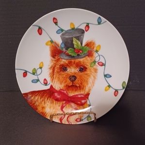 HIGHLAND HOUNDS CHRISTMAS PLATE WITH YORKIE WEARING CHRISTMAS LIGHTS